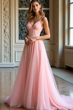 Rosa elegante uma linha espaguete alças longo tule vestido de baile