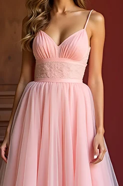 Rosa elegante uma linha espaguete alças longo tule vestido de baile