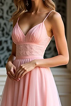 Rosa elegante uma linha espaguete alças longo tule vestido de baile