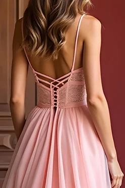 Rosa elegante uma linha espaguete alças longo tule vestido de baile