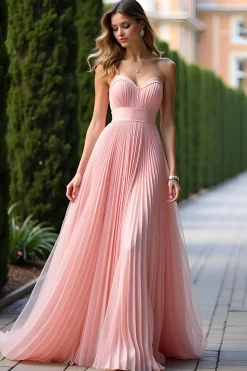 Rosa elegante uma linha plissada Chiffon querida vestido de dama de honra