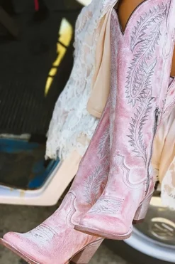 Rosa Empoeirada Bordada Meio Bezerro Cowgirl Boho Botas