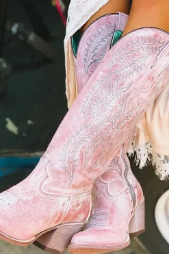 Rosa Empoeirada Bordada Meio Bezerro Cowgirl Boho Botas