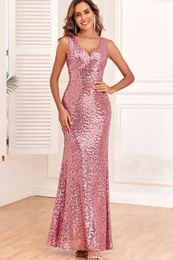 Rosa Empoeirada Sereia V Pescoço Sequins Long Prom Dress