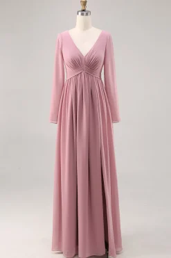 Rosa empoeirada simples mangas longas V-neck vestido de dama de honra com fenda