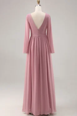Rosa empoeirada simples mangas longas V-neck vestido de dama de honra com fenda