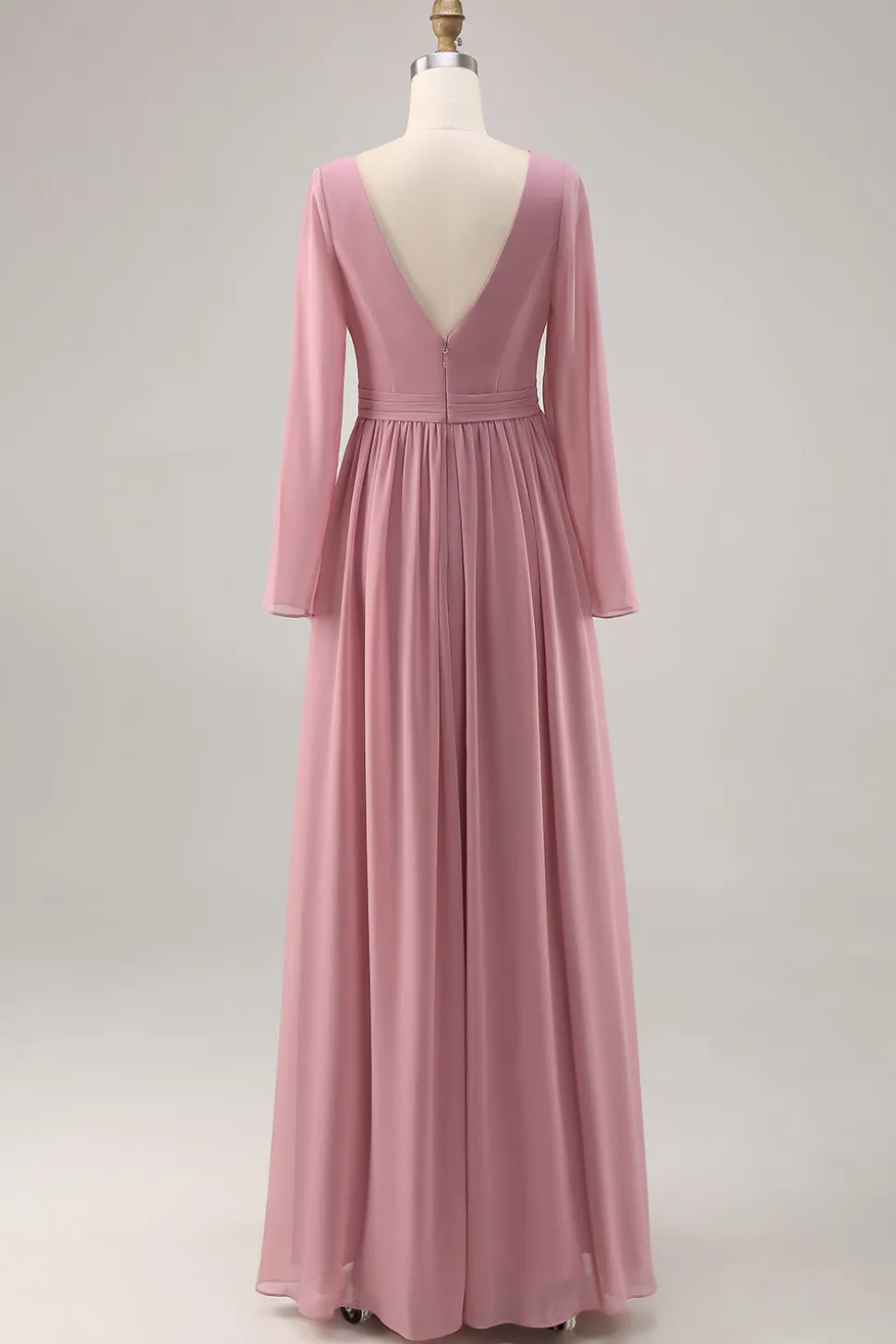 Rosa empoeirada simples mangas longas V-neck vestido de dama de honra com fenda