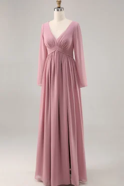 Rosa empoeirada simples mangas longas V-neck vestido de dama de honra com fenda