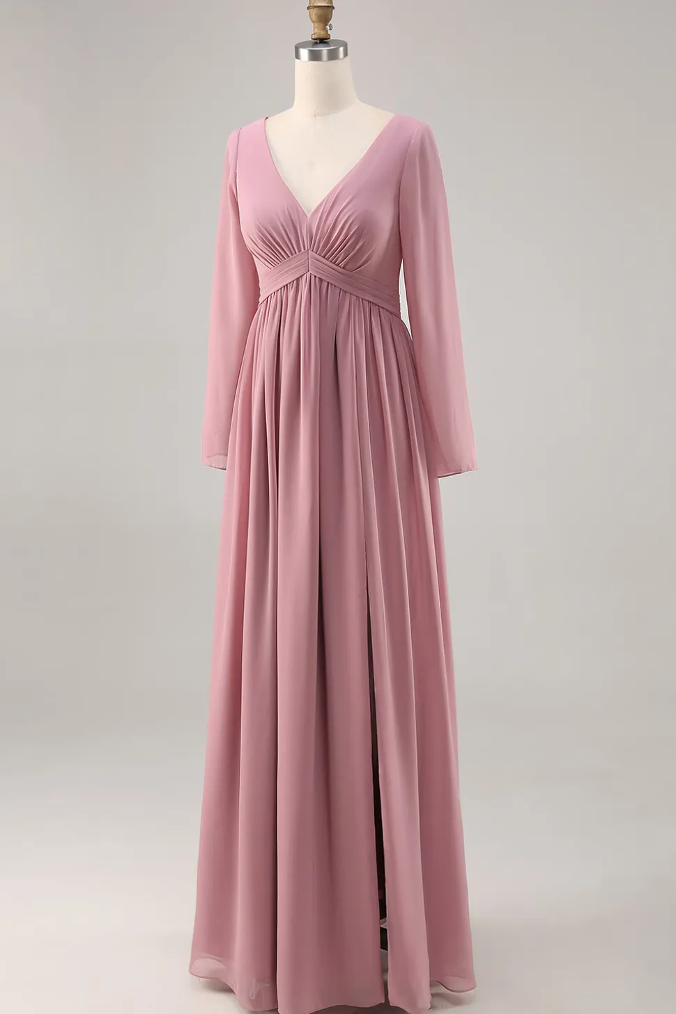 Rosa empoeirada simples mangas longas V-neck vestido de dama de honra com fenda