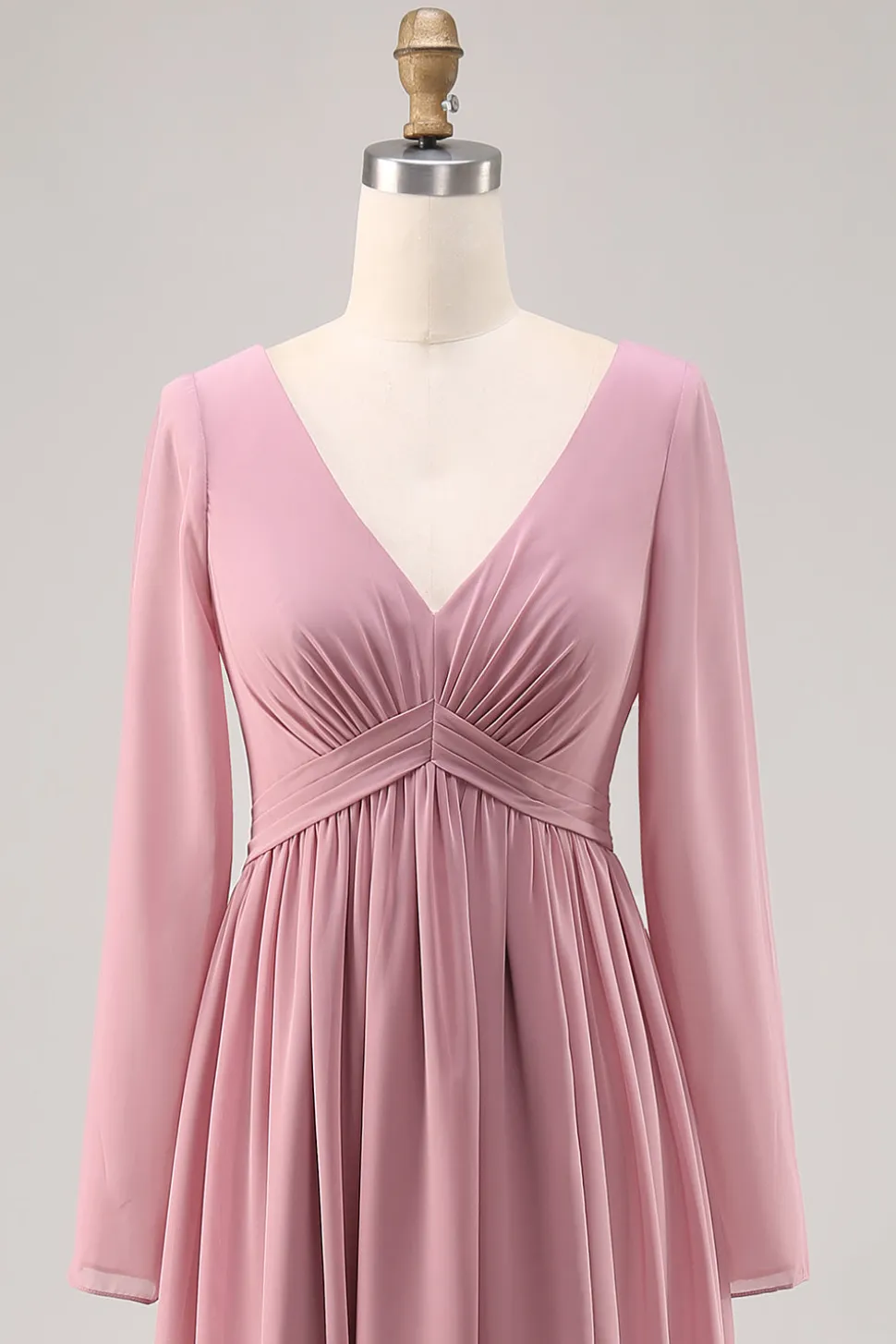 Rosa empoeirada simples mangas longas V-neck vestido de dama de honra com fenda