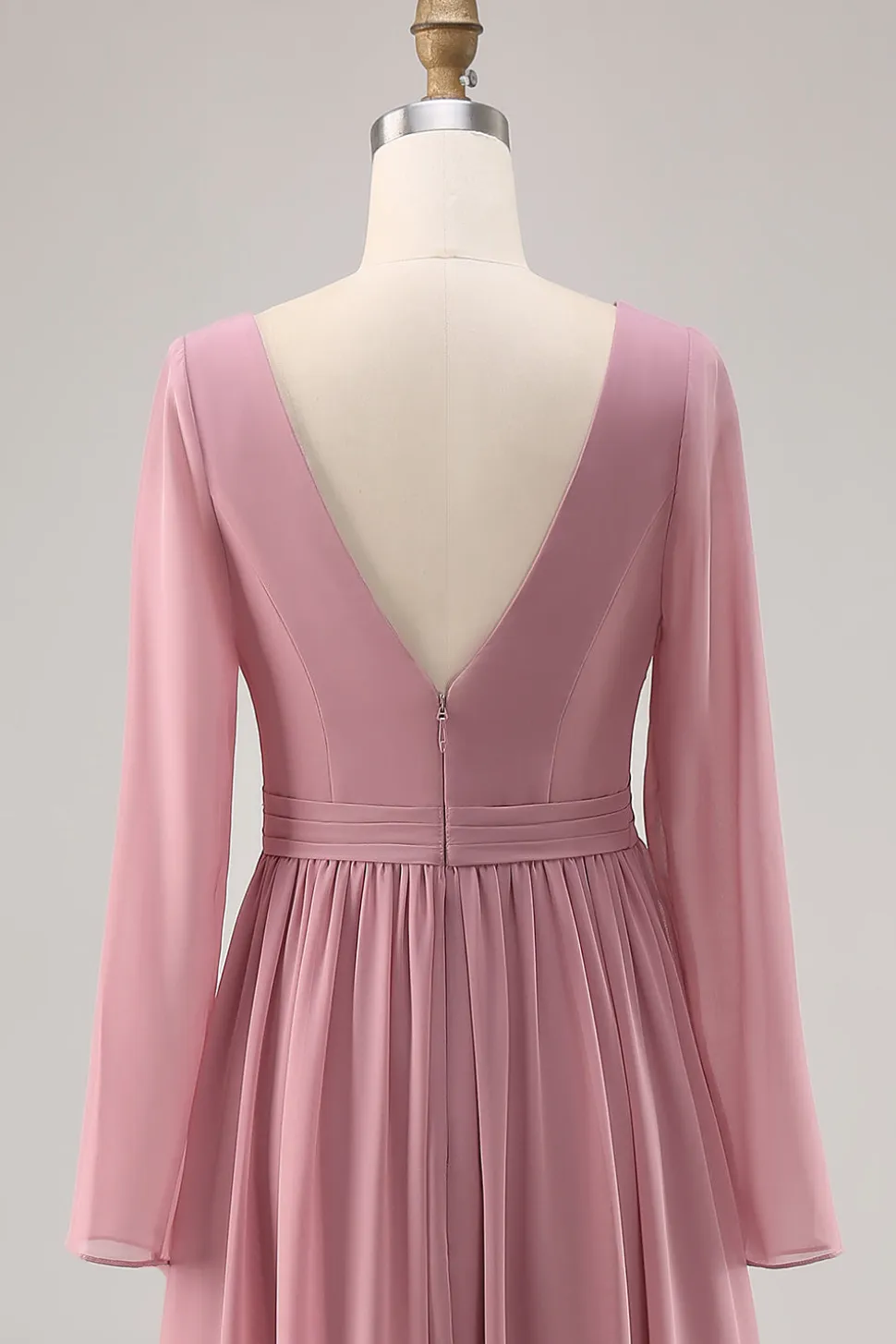 Rosa empoeirada simples mangas longas V-neck vestido de dama de honra com fenda