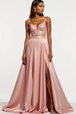 Rosa Empoeirado Cetim Alças Finas Linha-A Longo Vestido de Baile com Fenda