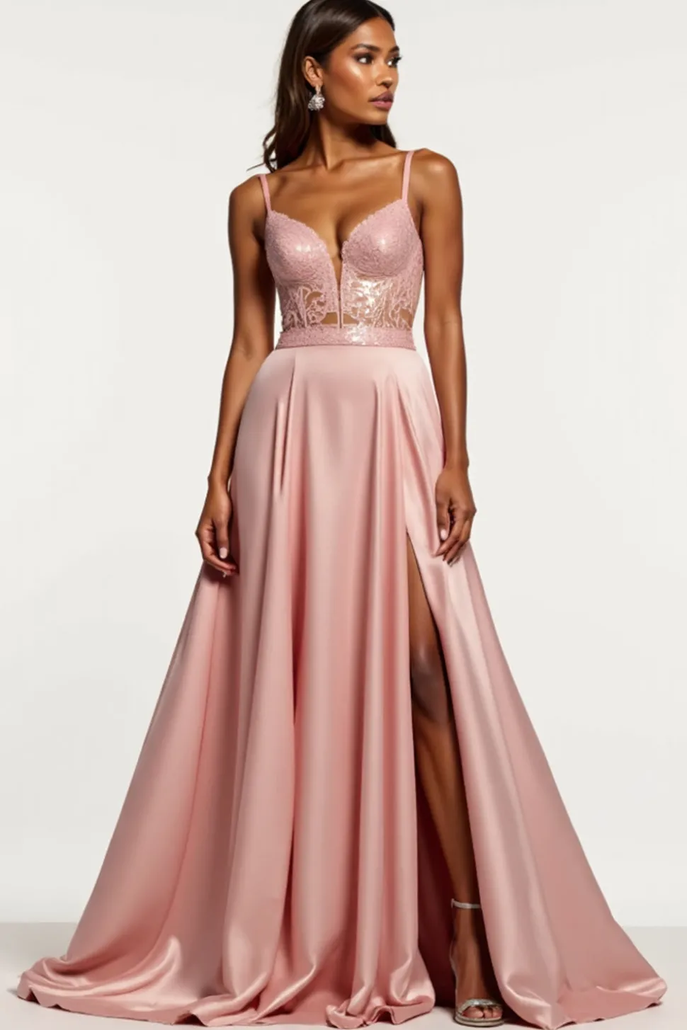 Rosa Empoeirado Cetim Alças Finas Linha-A Longo Vestido de Baile com Fenda