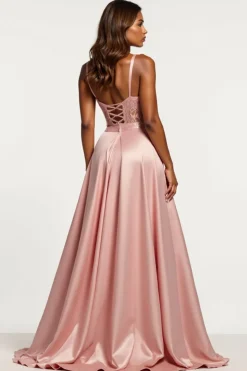 Rosa Empoeirado Cetim Alças Finas Linha-A Longo Vestido de Baile com Fenda
