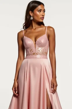 Rosa Empoeirado Cetim Alças Finas Linha-A Longo Vestido de Baile com Fenda