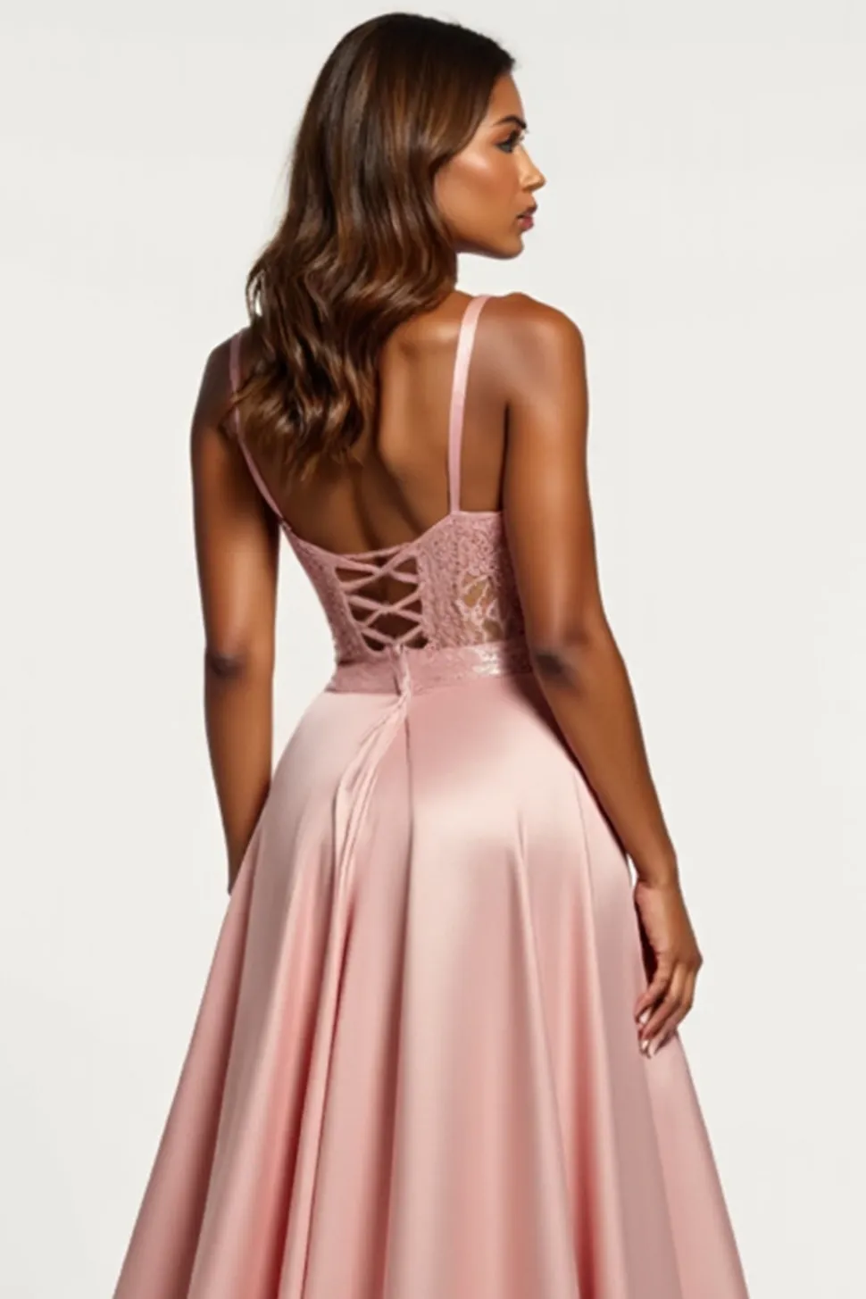 Rosa Empoeirado Cetim Alças Finas Linha-A Longo Vestido de Baile com Fenda