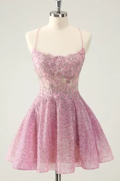 Rosa Escuro Uma Linha Brilhante Beading Appliques Corset Short Homecoming Dress