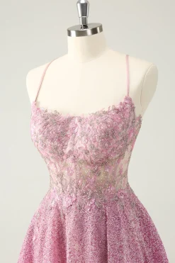 Rosa Escuro Uma Linha Brilhante Beading Appliques Corset Short Homecoming Dress