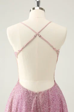 Rosa Escuro Uma Linha Brilhante Beading Appliques Corset Short Homecoming Dress