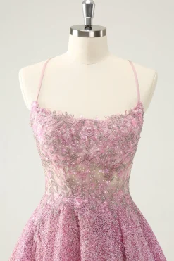 Rosa Escuro Uma Linha Brilhante Beading Appliques Corset Short Homecoming Dress
