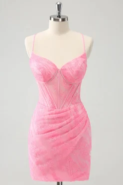 Rosa espaguete correias apertado espartilho Homecoming vestido com renda para trás