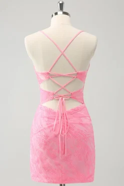 Rosa espaguete correias apertado espartilho Homecoming vestido com renda para trás