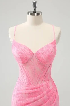 Rosa espaguete correias apertado espartilho Homecoming vestido com renda para trás