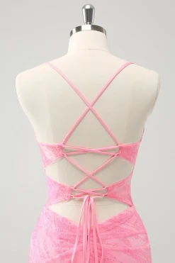 Rosa espaguete correias apertado espartilho Homecoming vestido com renda para trás