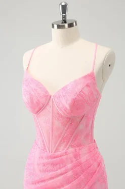 Rosa espaguete correias apertado espartilho Homecoming vestido com renda para trás