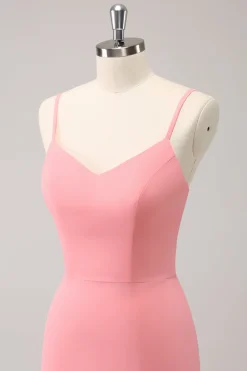Rosa Esparguete Alças Sereia Vestido Madrinha com Folhos