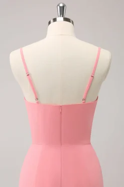 Rosa Esparguete Alças Sereia Vestido Madrinha com Folhos