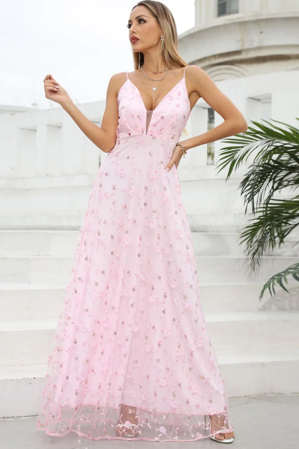 Rosa Esparguete Correias Prom Vestido com Flores