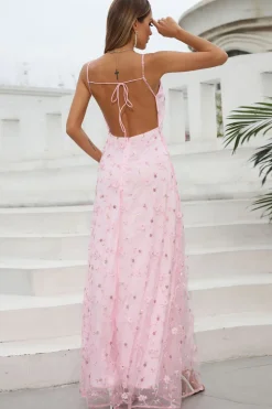Rosa Esparguete Correias Prom Vestido com Flores