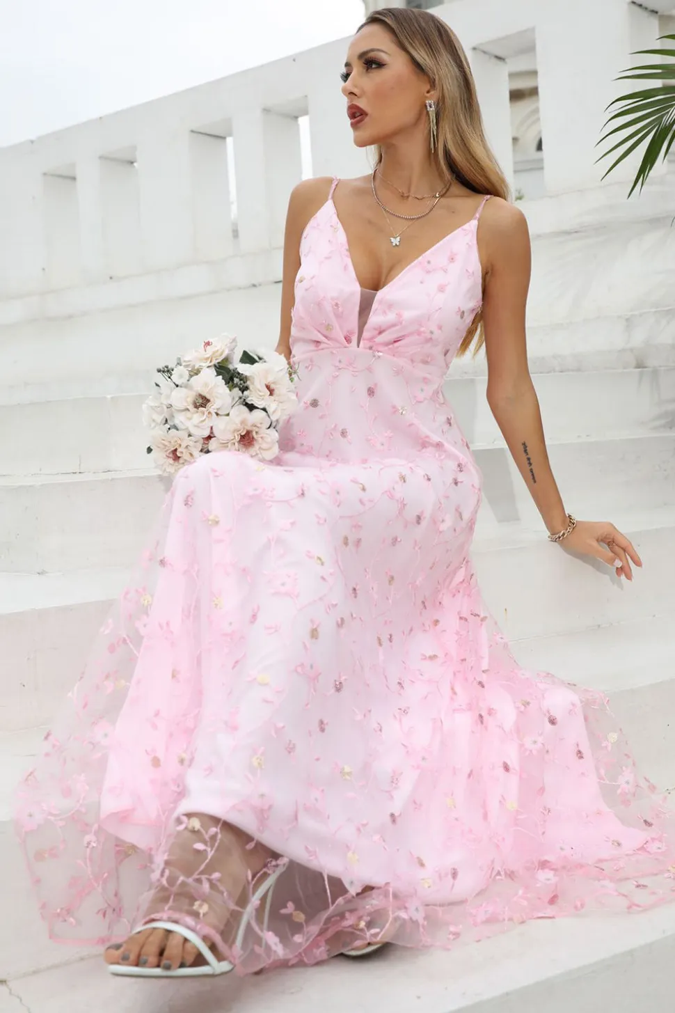 Rosa Esparguete Correias Prom Vestido com Flores