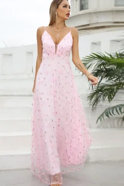 Rosa Esparguete Correias Prom Vestido com Flores