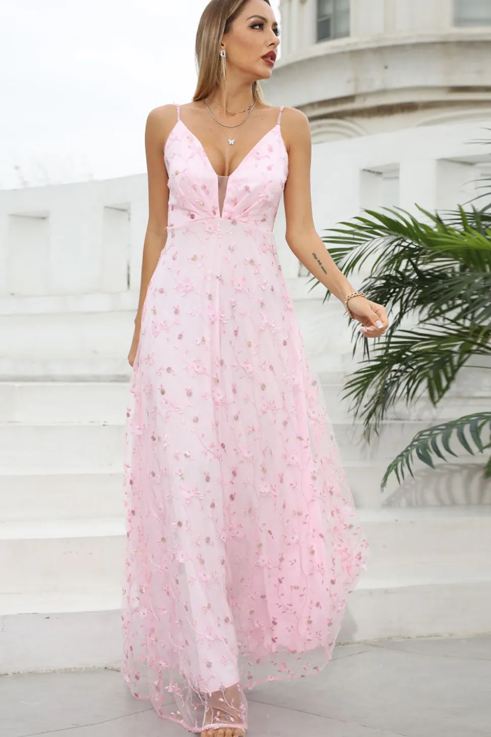 Rosa Esparguete Correias Prom Vestido com Flores