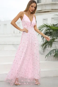 Rosa Esparguete Correias Prom Vestido com Flores