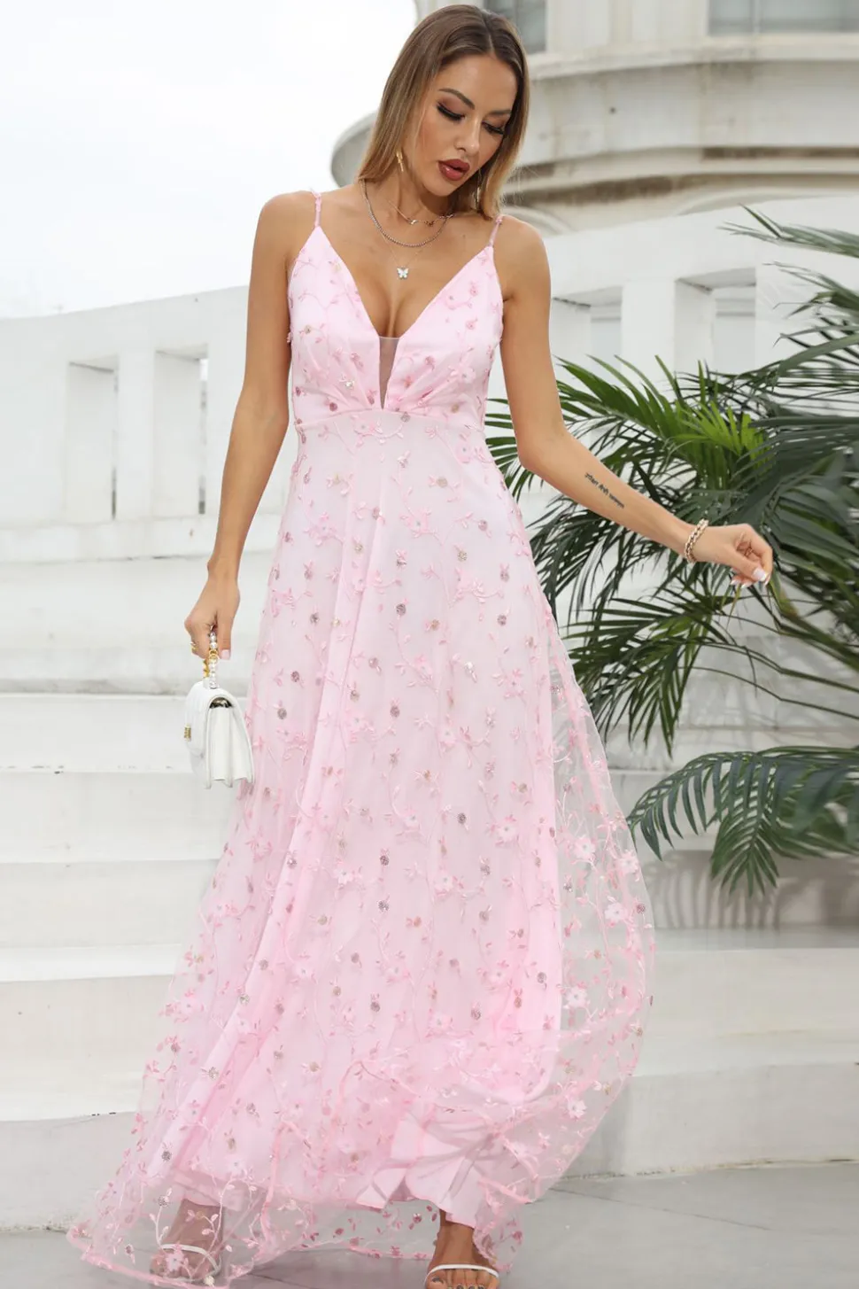 Rosa Esparguete Correias Prom Vestido com Flores