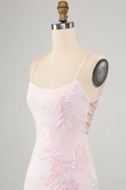 Rosa Esparguete Correias Bodycon Homecoming Vestido com Criss Cross Back