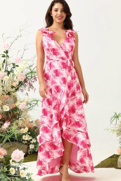 Rosa Flor Estampado Vestido de Dama de Honor com Folhos