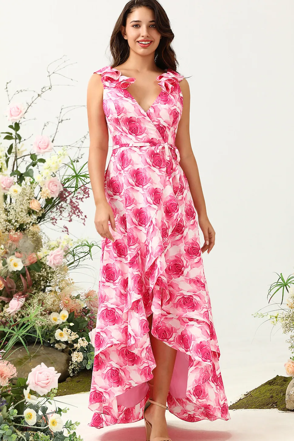 Rosa Flor Estampado Vestido de Dama de Honor com Folhos