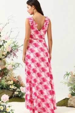 Rosa Flor Estampado Vestido de Dama de Honor com Folhos