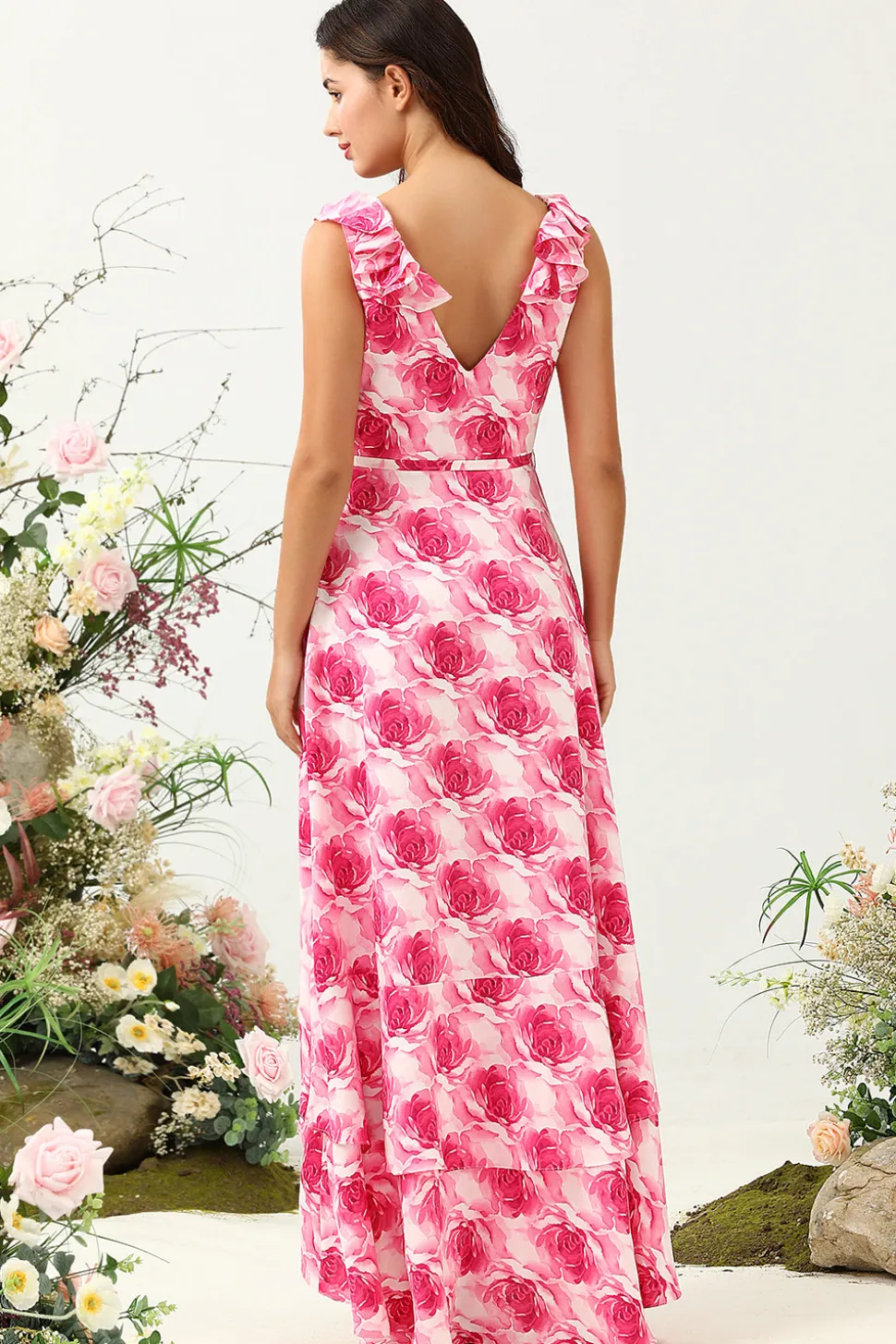 Rosa Flor Estampado Vestido de Dama de Honor com Folhos