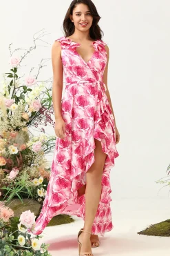 Rosa Flor Estampado Vestido de Dama de Honor com Folhos