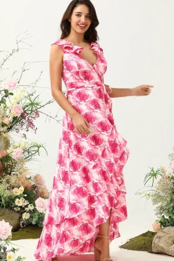 Rosa Flor Estampado Vestido de Dama de Honor com Folhos