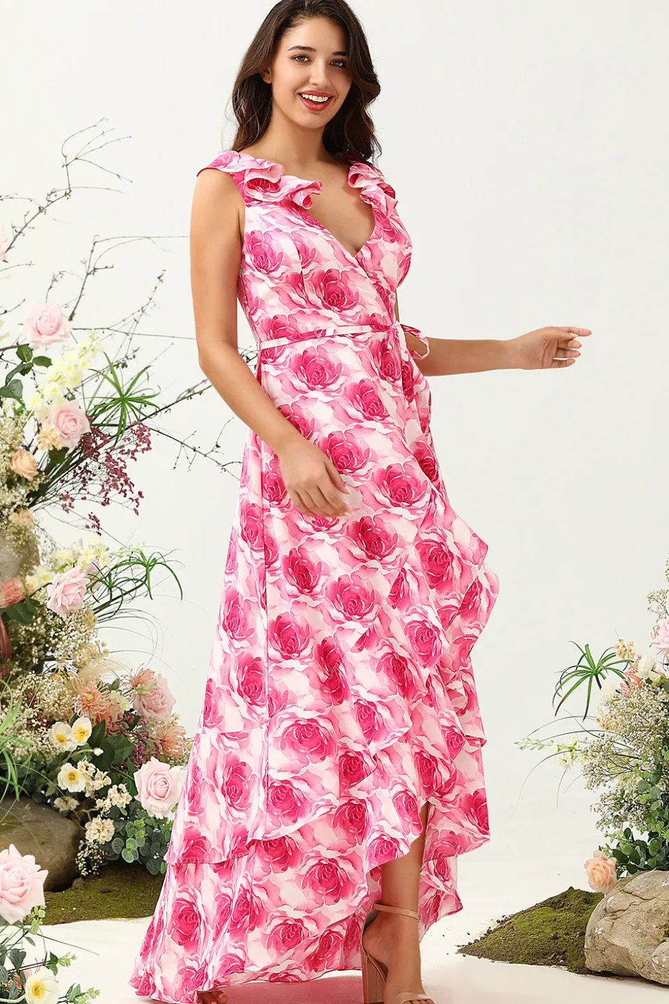 Rosa Flor Estampado Vestido de Dama de Honor com Folhos