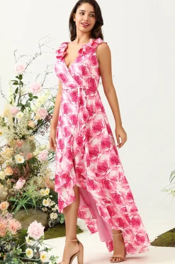Rosa Flor Estampado Vestido de Dama de Honor com Folhos