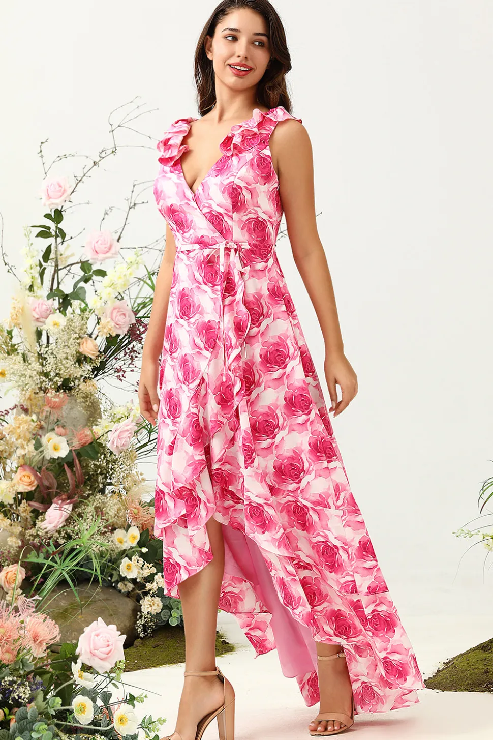 Rosa Flor Estampado Vestido de Dama de Honor com Folhos