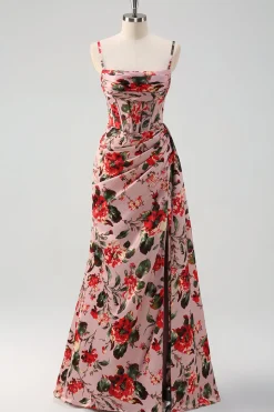 Rosa Flor Vermelha Bainha Esparguete Correias Corset Ruched Long Prom Dress com Fenda