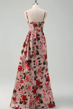 Rosa Flor Vermelha Bainha Esparguete Correias Corset Ruched Long Prom Dress com Fenda